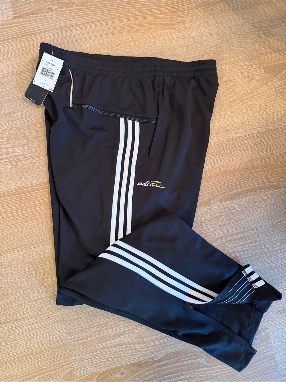 New Adi Pure Black Track Pants with White Stripes zipped pockets